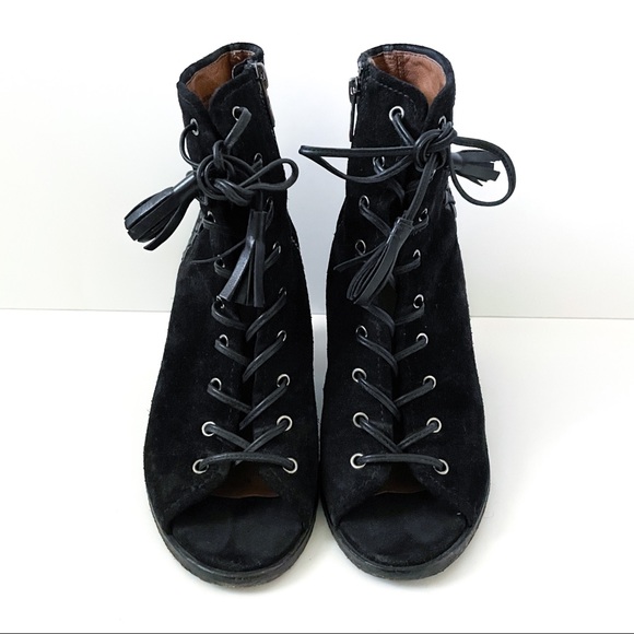 Frye Danica Black Suede Lace Up Ankle Boots Open Toe - Picture 2 of 9